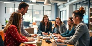 Team of professionals collaborating in a modern office.