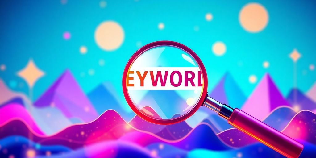 Magnifying glass over digital landscape for SEO strategy.