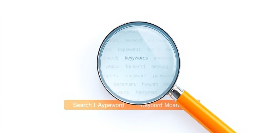 Magnifying glass over a search bar with keywords.