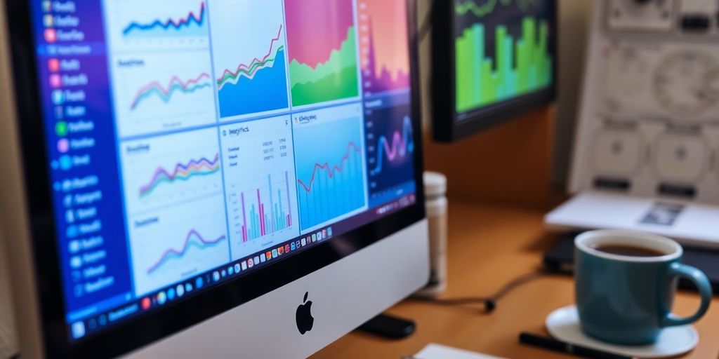 Computer screen with analytics dashboard and workspace.
