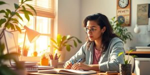 Person in a bright workspace focusing on personal growth.