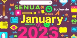 Colorful collage of trending search keywords for January 2025.