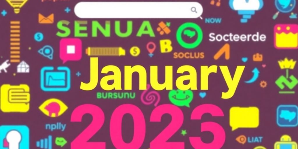 Colorful collage of trending search keywords for January 2025.