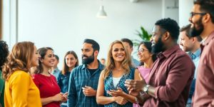 Diverse individuals engaged in conversation in a bright setting.