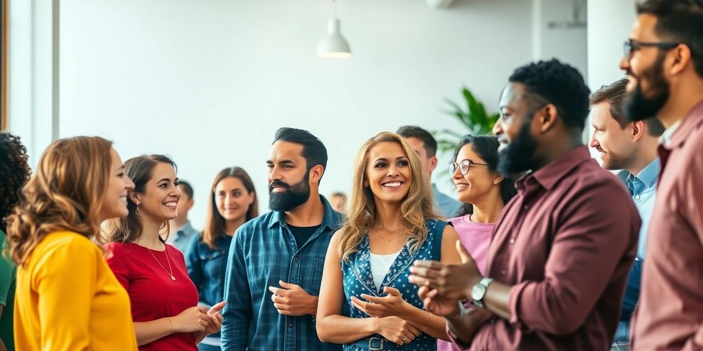Diverse individuals engaged in conversation in a bright setting.
