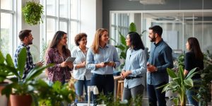 Diverse team collaborating in a bright, modern office space.