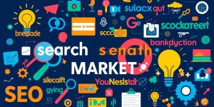 Colorful collage of search keywords and digital marketing icons.