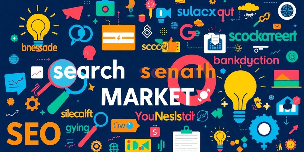 Colorful collage of search keywords and digital marketing icons.