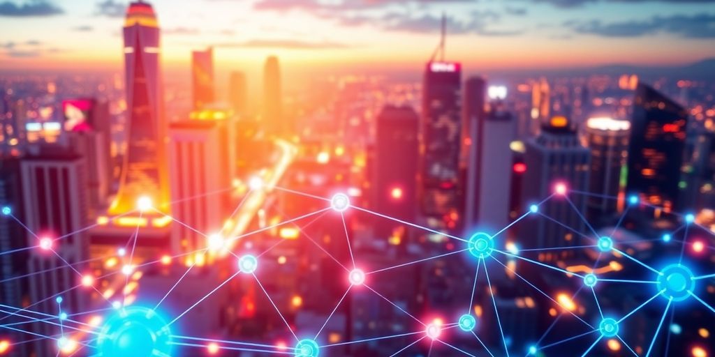 Futuristic city skyline with glowing connections representing SEO.
