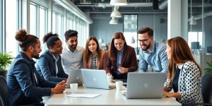 Diverse professionals collaborating in a bright office setting.