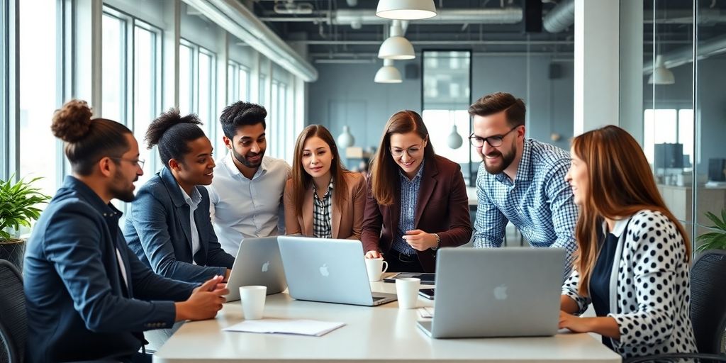 Diverse professionals collaborating in a bright office setting.