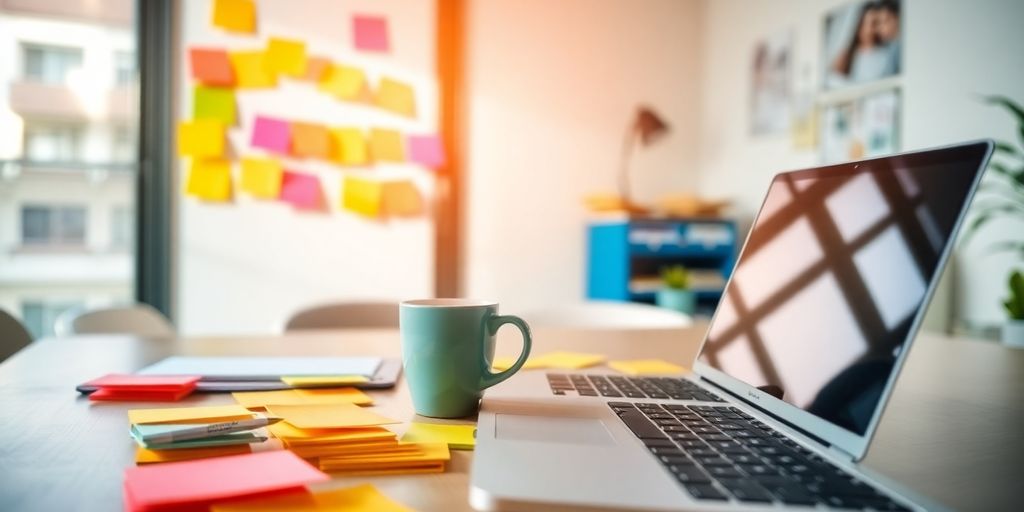Colorful workspace with sticky notes and a laptop.