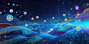 Colorful abstract design representing digital technology and connectivity.