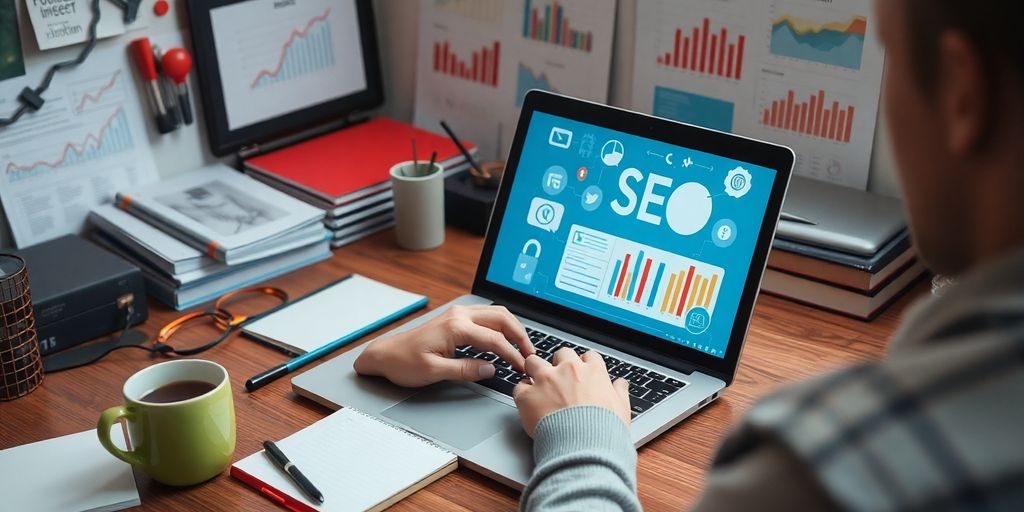 Person studying SEO in a cozy workspace with tools.