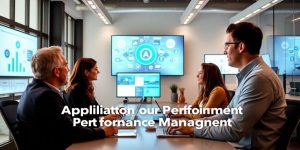 Professionals collaborating in a modern tech office setting.