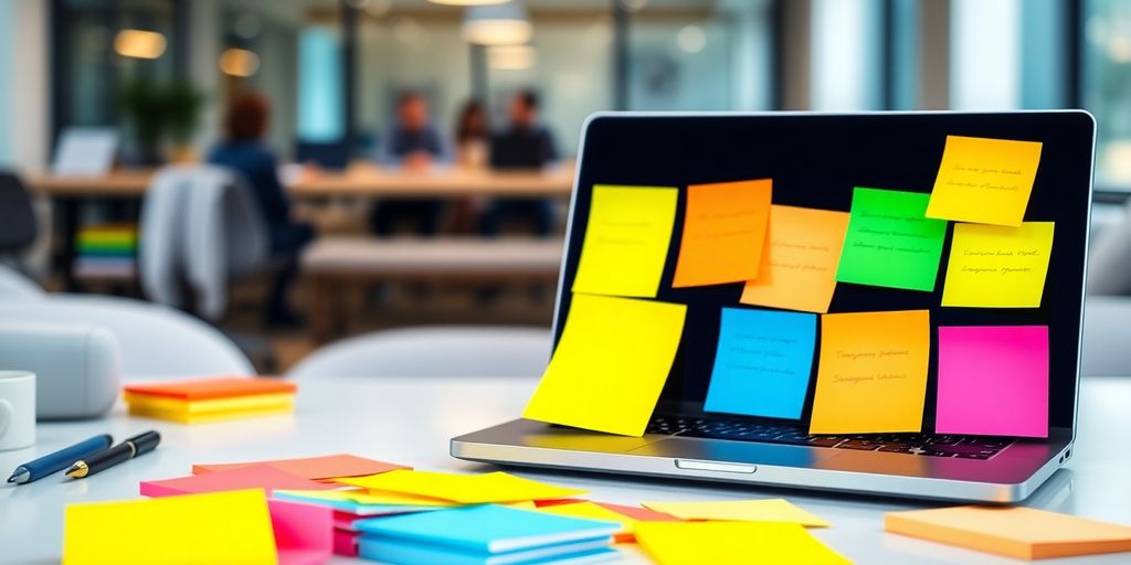 Laptop and sticky notes in a vibrant workspace.
