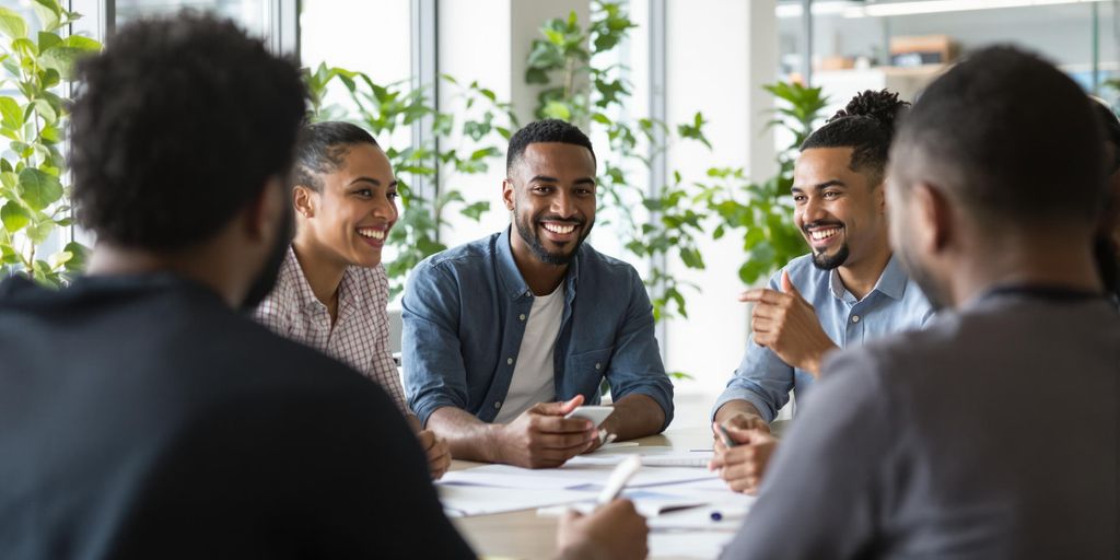 Diverse employees collaborating and discussing in a bright office.