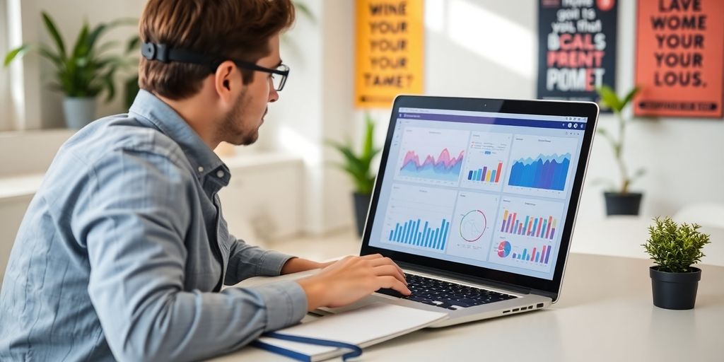 Person analyzing data in a modern workspace.