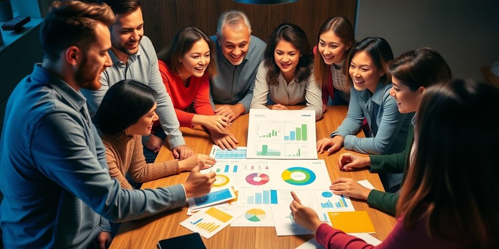 Diverse individuals collaborating on marketing strategies around a table.