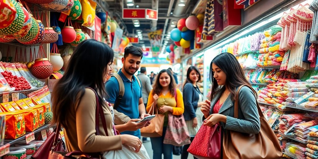 Diverse shoppers exploring a vibrant market filled with products.