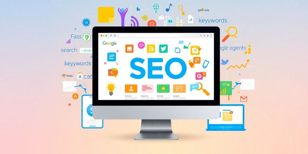 Colorful collage of SEO tools and keywords.