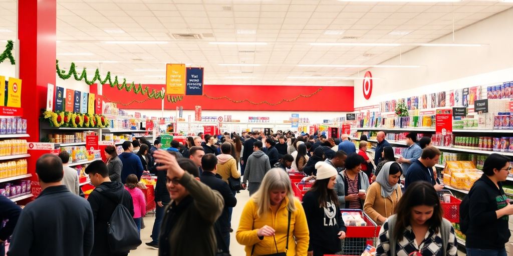 Target store interior with diverse shoppers and colorful displays.