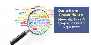 Magnifying glass on colorful keywords for SEO analysis.