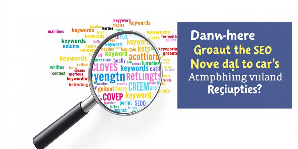 Magnifying glass on colorful keywords for SEO analysis.
