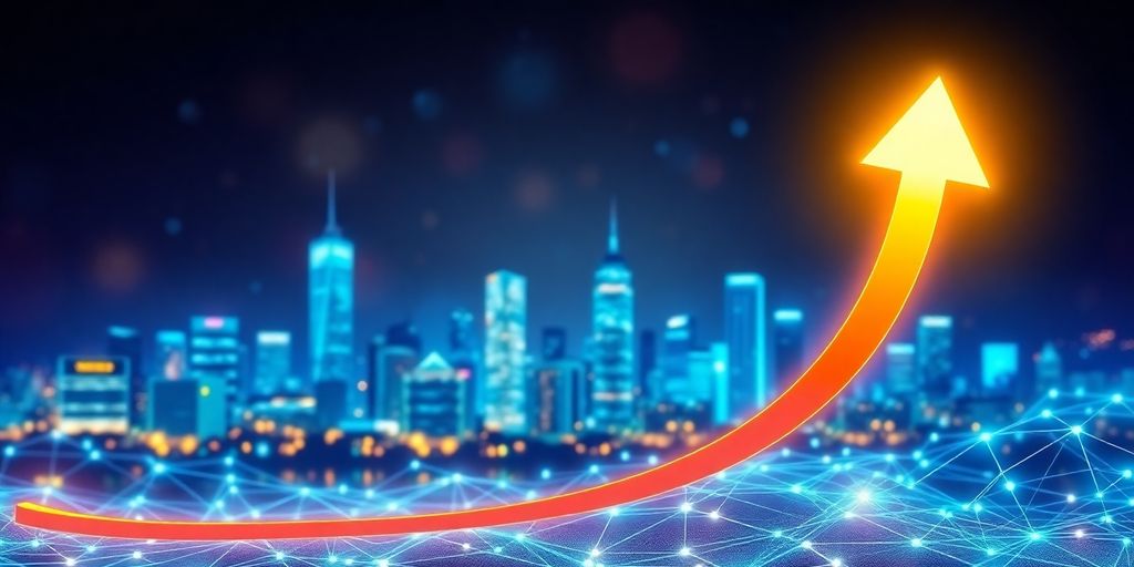 Digital landscape with an upward arrow and city skyline.