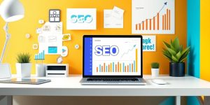 Laptop with SEO tools icons and analytics in a workspace.