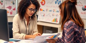 Marketing professional analyzing diverse target demographics in an office.
