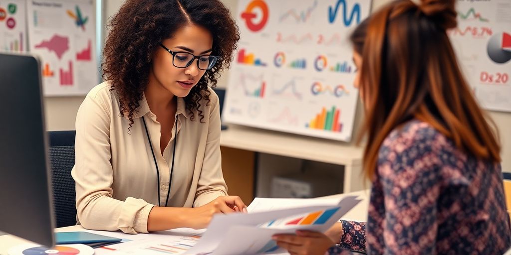 Marketing professional analyzing diverse target demographics in an office.