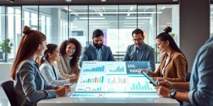 Employees collaborating in a futuristic office environment.