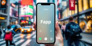 Smartphone with Fapp Mobile interface in a city setting.
