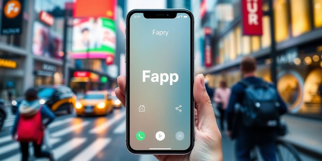 Smartphone with Fapp Mobile interface in a city setting.