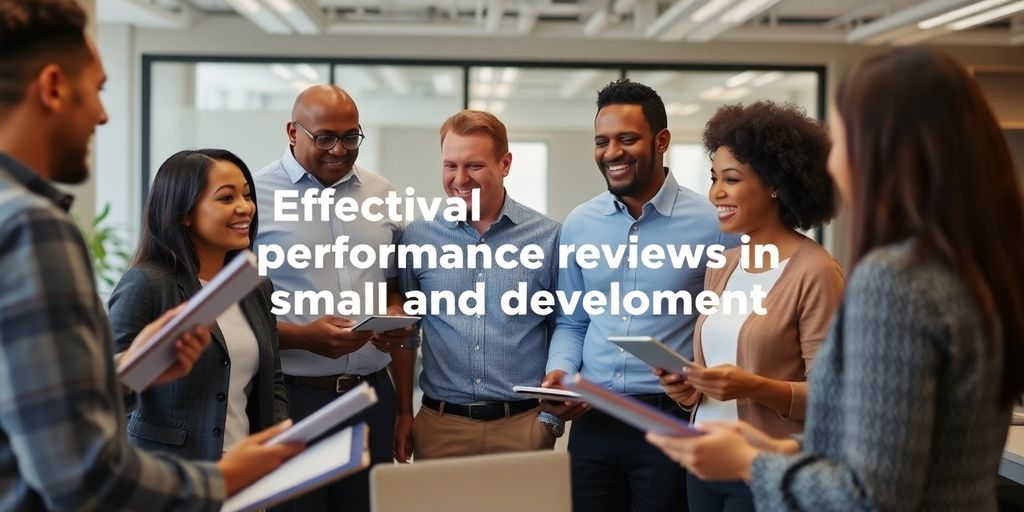 Team collaboration during performance review meeting in an office.