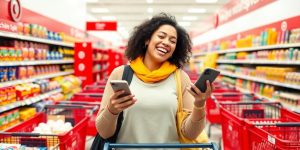 Shopper using Target sale app in a store.