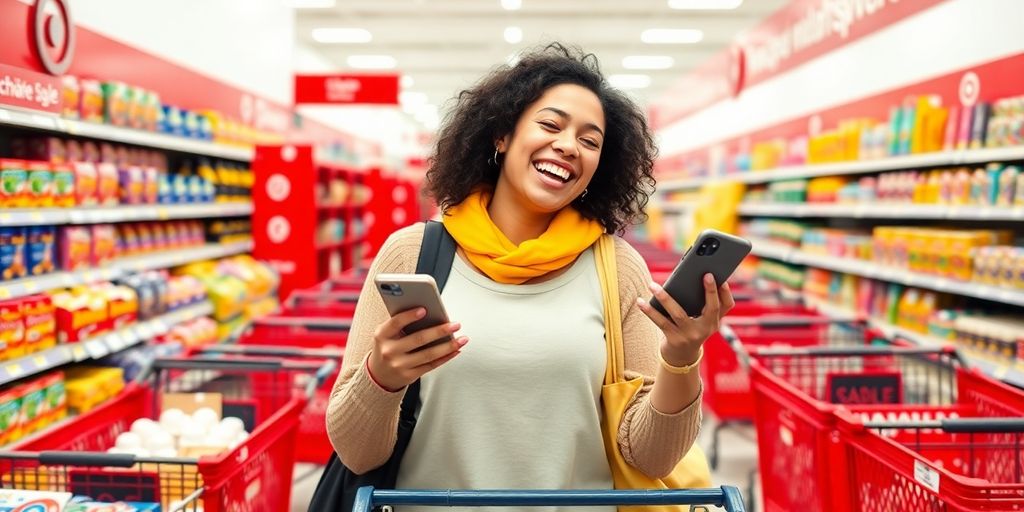 Shopper using Target sale app in a store.