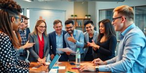 Diverse team collaborating in a modern workspace environment.