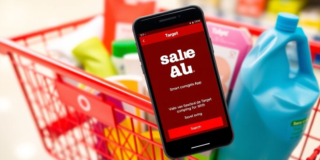 Shopping cart with colorful items and Target Sale App.