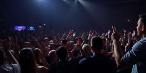 Energetic crowd engaged at a live performance event.