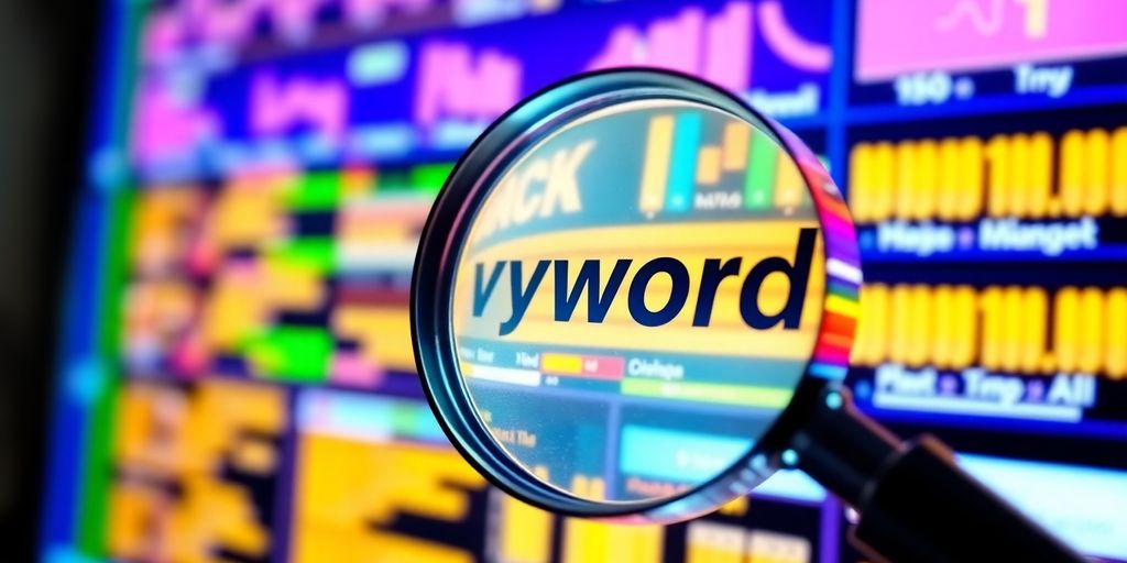 Magnifying glass over vibrant digital interface for keyword analysis.