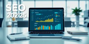 Laptop with analytics and SEO tools on a desk.