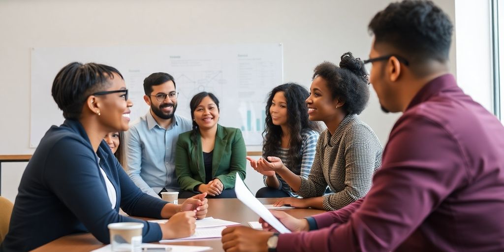 Diverse employees collaborating during a performance appraisal meeting.