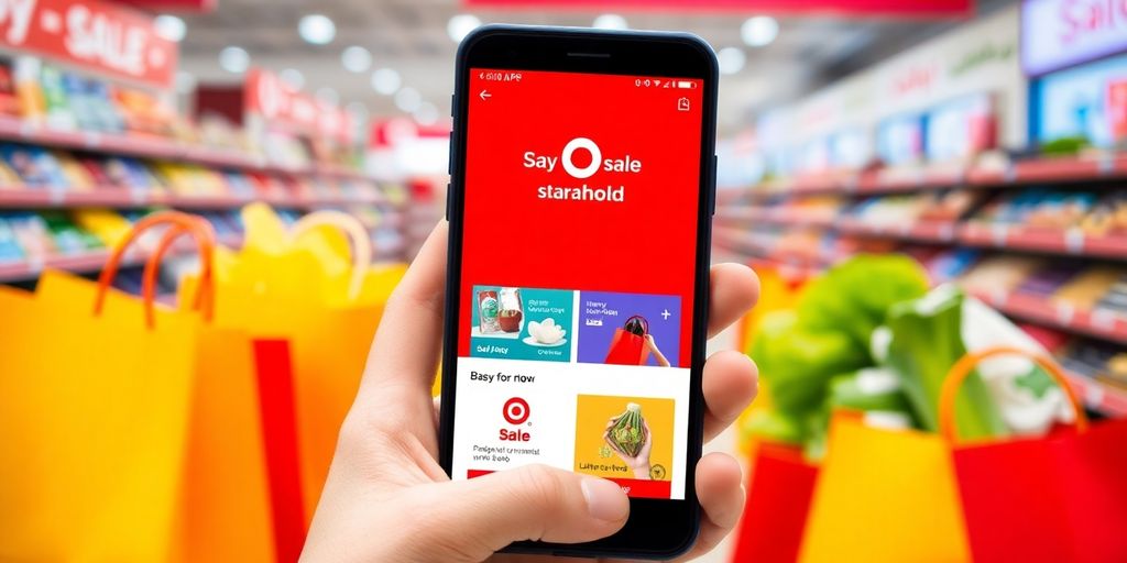 Shopping bags and smartphone with Target Sale app.