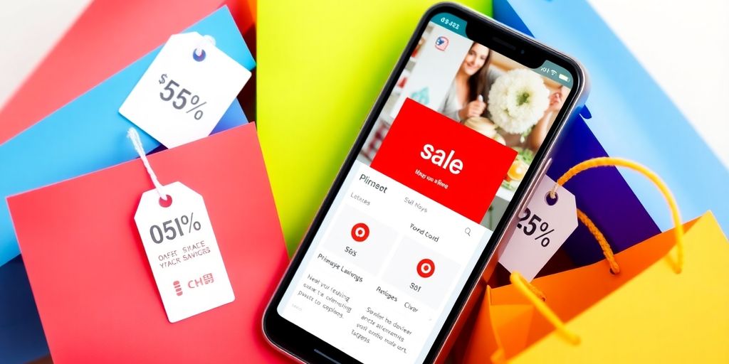 Smartphone with Target Sale App and vibrant shopping elements.