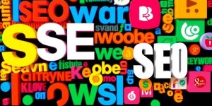 Colorful keywords and search engine icons related to SEO.
