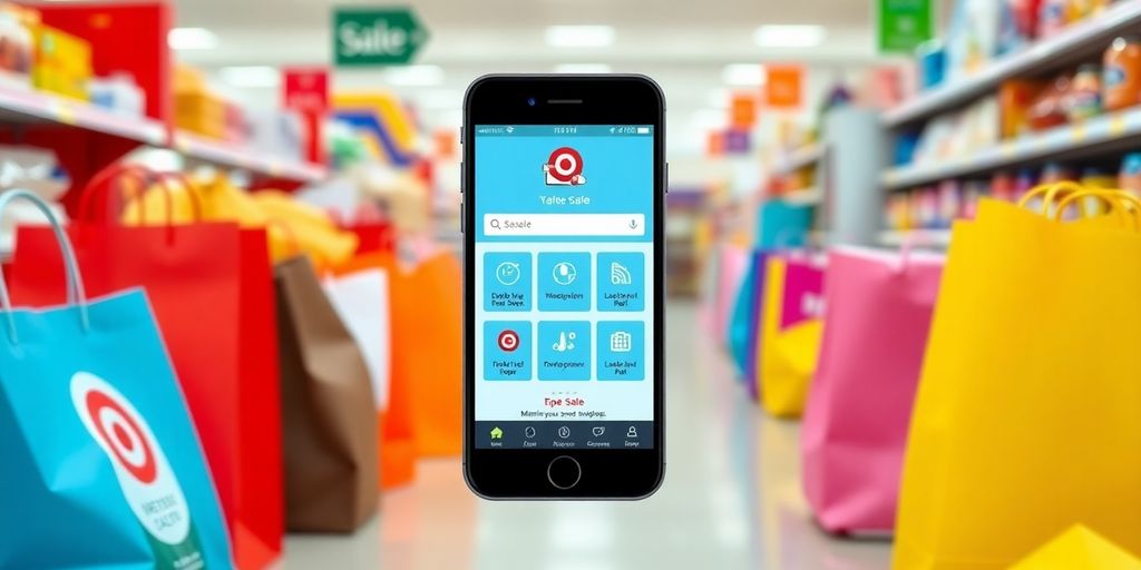 Smartphone with Target Sale App and shopping bags.