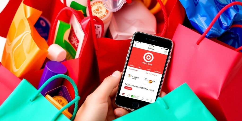 Smartphone with Target Sale App and colorful shopping bags.