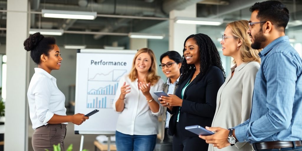 Diverse professionals collaborating in a modern office setting.